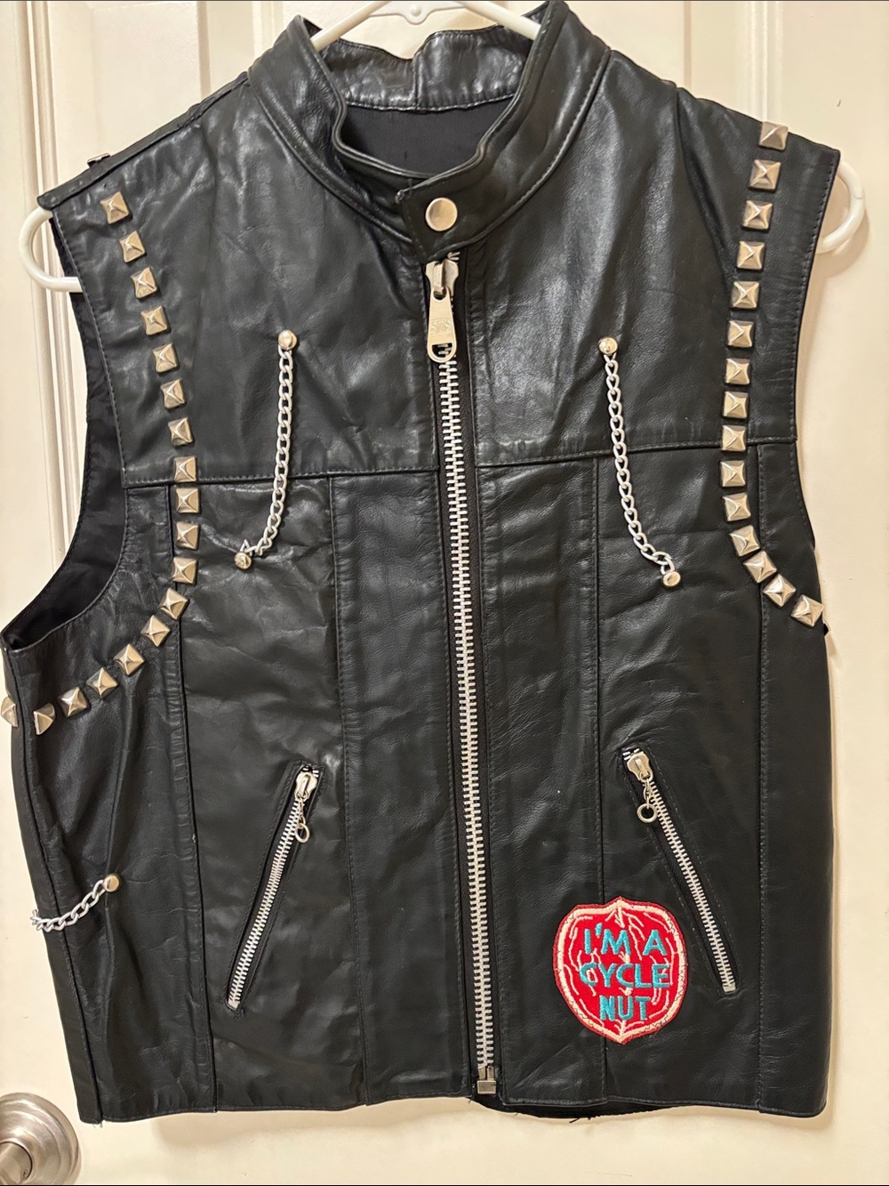 Men's Black Studded Faux Leather Vest with Chain Accents